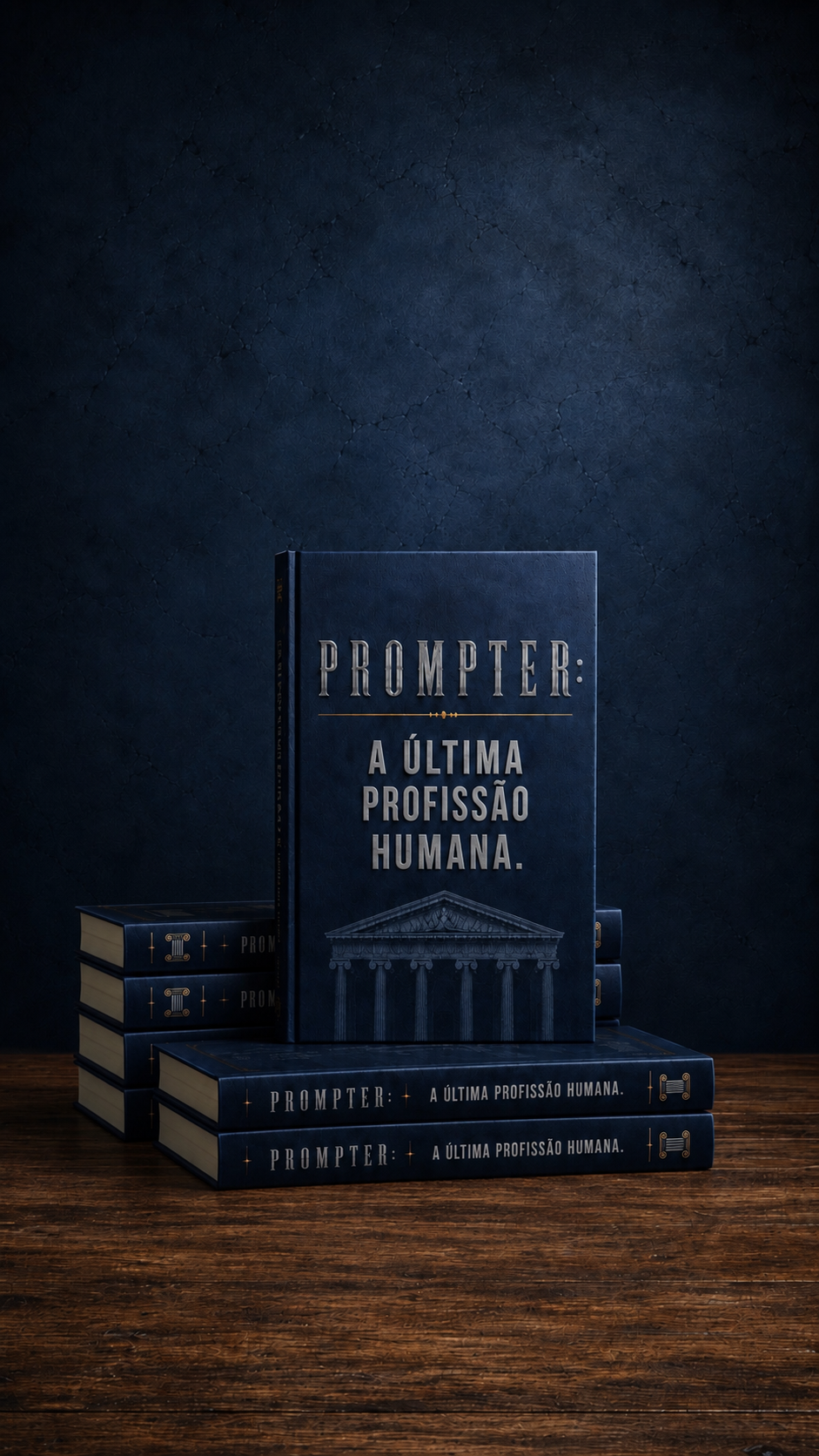 Composição de exemplares do livro Prompter: a Última Profissão Humana, em azul profundo, prata e dourado